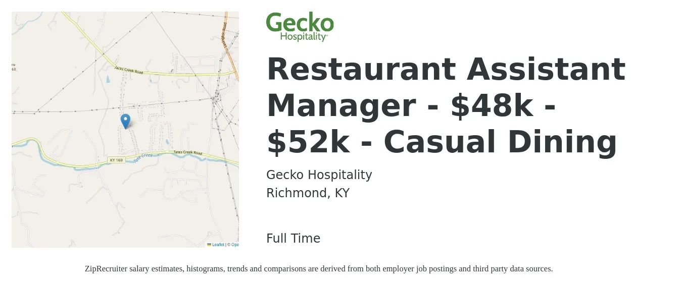 Gecko Hospitality job posting for a Restaurant Assistant Manager - $48k - $52k - Casual Dining in Richmond, KY with a salary of $50,000 to $52,000 Yearly with a map of Richmond location.
