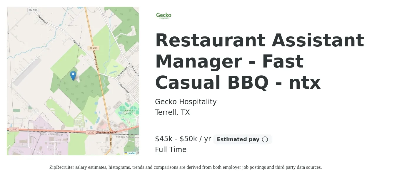 Gecko Hospitality job posting for a Restaurant Assistant Manager - Fast Casual BBQ - ntx in Terrell, TX with a salary of $16 to $17 Hourly with a map of Terrell location.