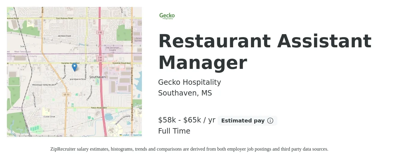 Gecko Hospitality job posting for a Restaurant Assistant Manager in Southaven, MS with a salary of $58,000 to $65,000 Yearly with a map of Southaven location.