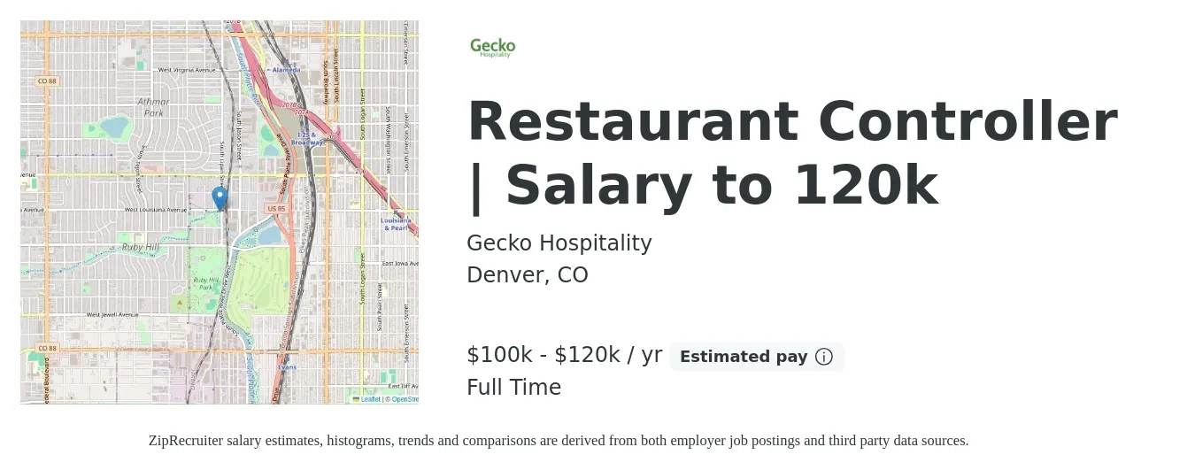 Gecko Hospitality job posting for a Restaurant Controller | Salary to 120k in Denver, CO with a salary of $100,000 to $120,000 Yearly with a map of Denver location.