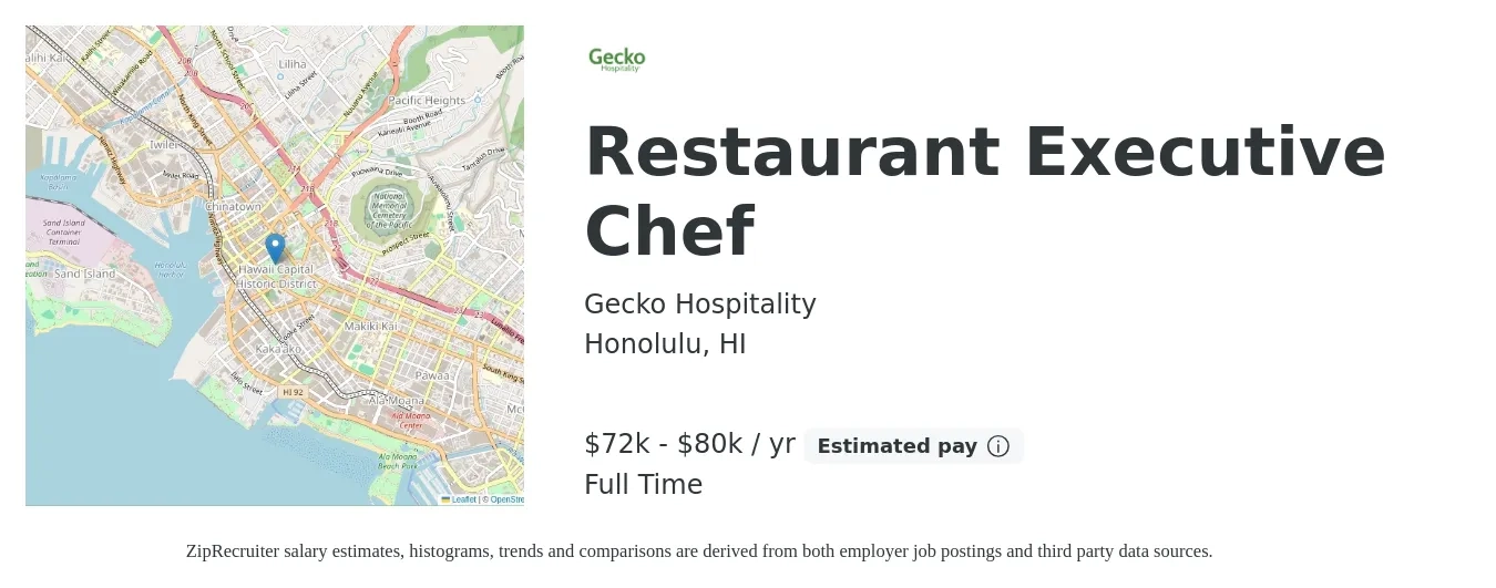 Gecko Hospitality job posting for a Restaurant Executive Chef in Honolulu, HI with a salary of $72,000 to $80,000 Yearly with a map of Honolulu location.