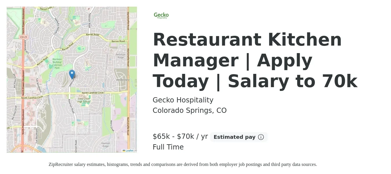 Gecko Hospitality job posting for a Restaurant Kitchen Manager | Apply Today | Salary to 70k in Colorado Springs, CO with a salary of $65,000 to $70,000 Yearly with a map of Colorado Springs location.