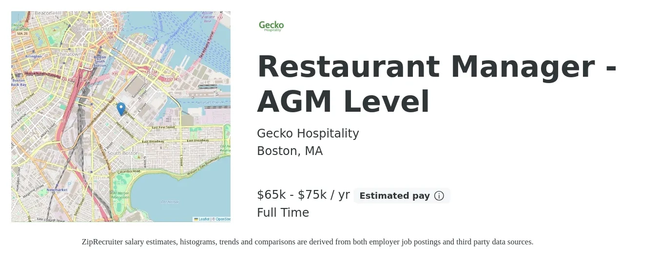 Gecko Hospitality job posting for a Restaurant Manager - AGM Level in Boston, MA with a salary of $65,000 to $75,000 Yearly with a map of Boston location.