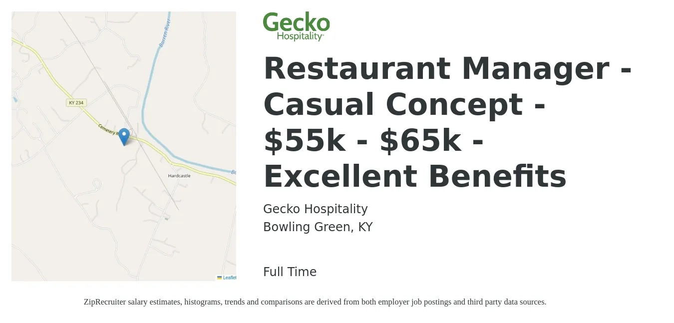 Gecko Hospitality job posting for a Restaurant Manager - Casual Concept - $55k - $65k - Excellent Benefits in Bowling Green, KY with a salary of $60,000 to $70,000 Yearly with a map of Bowling Green location.