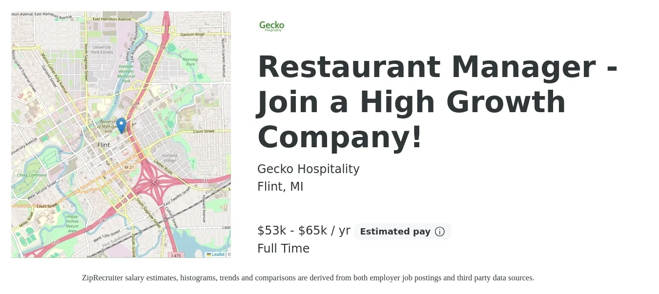 Gecko Hospitality job posting for a Restaurant Manager - Join a High Growth Company! in Flint, MI with a salary of $53,000 to $65,000 Yearly with a map of Flint location.