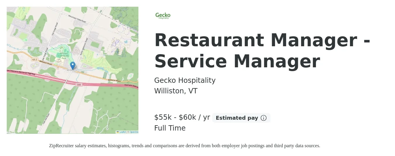 Gecko Hospitality job posting for a Restaurant Manager - Service Manager in Williston, VT with a salary of $55,000 to $60,000 Yearly with a map of Williston location.