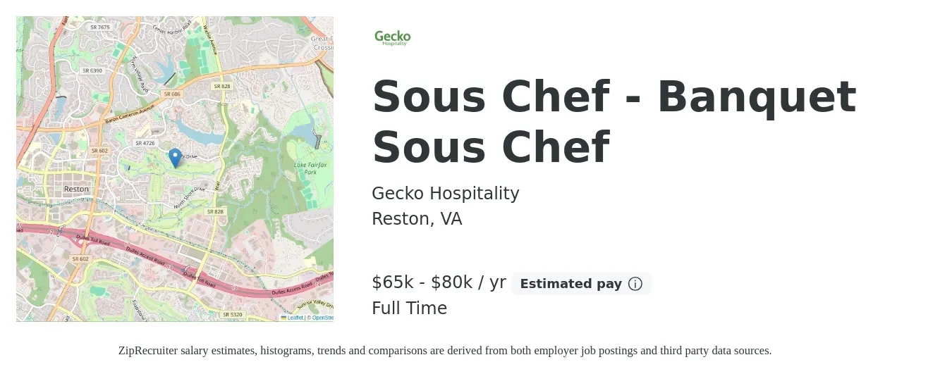 Gecko Hospitality job posting for a Sous Chef - Banquet Sous Chef in Reston, VA with a salary of $65,000 to $80,000 Yearly with a map of Reston location.