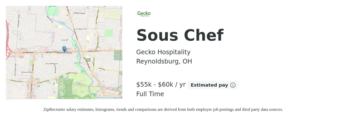 Gecko Hospitality job posting for a Sous Chef in Reynoldsburg, OH with a salary of $55,000 to $60,000 Yearly with a map of Reynoldsburg location.