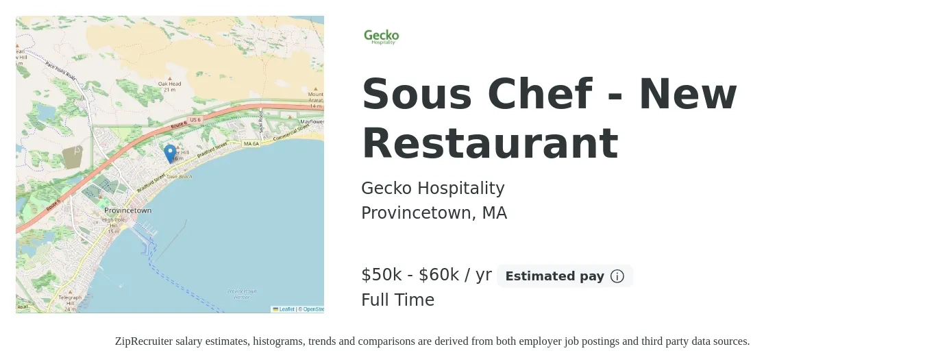 Gecko Hospitality job posting for a Sous Chef - New Restaurant in Provincetown, MA with a salary of $50,000 to $60,000 Yearly with a map of Provincetown location.