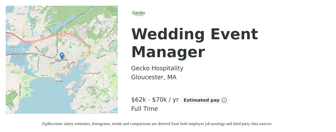 Gecko Hospitality job posting for a Wedding Event Manager in Gloucester, MA with a salary of $62,000 to $70,000 Yearly with a map of Gloucester location.
