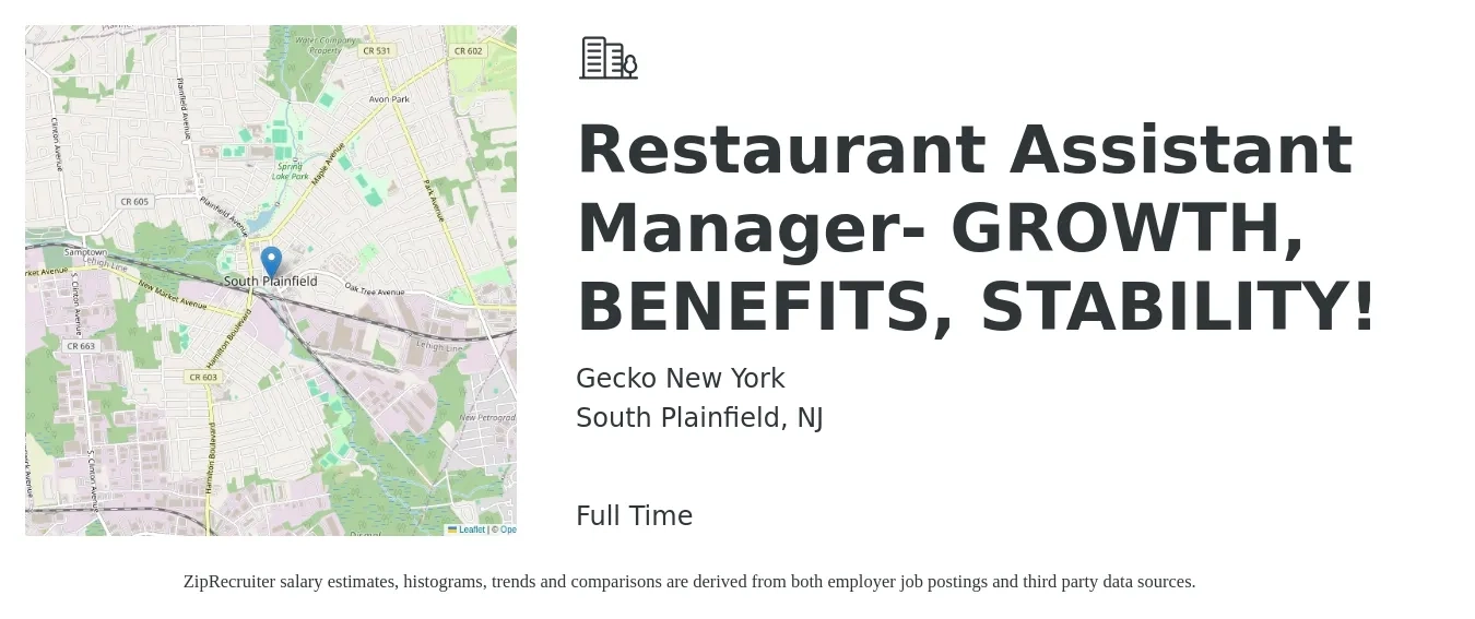 Gecko New York job posting for a Restaurant Assistant Manager- GROWTH, BENEFITS, STABILITY! in South Plainfield, NJ with a salary of $18 to $26 Hourly with a map of South Plainfield location.