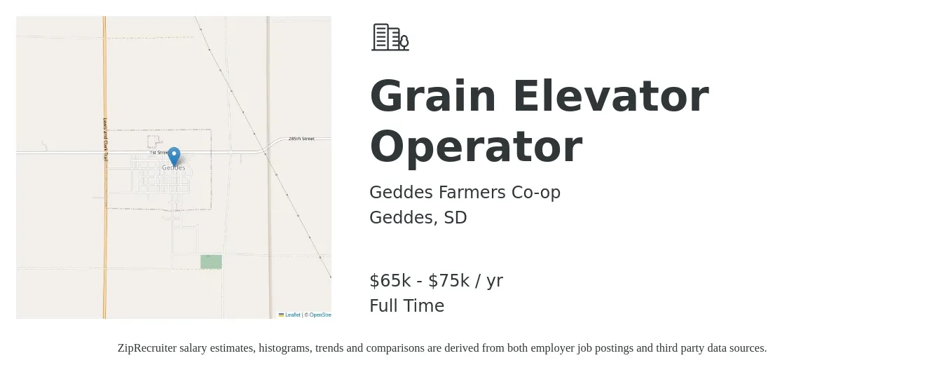 Geddes Farmers Co-op job posting for a Grain Elevator Operator in Geddes, SD with a salary of $15 to $19 Hourly with a map of Geddes location.