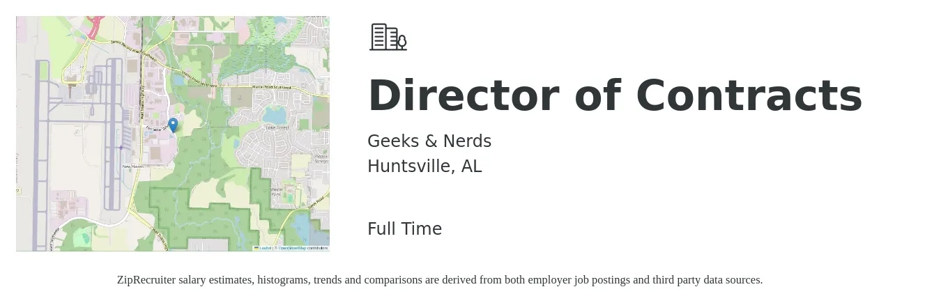 Geeks & Nerds job posting for a Director of Contracts in Huntsville, AL with a salary of $91,400 to $157,500 Yearly with a map of Huntsville location.