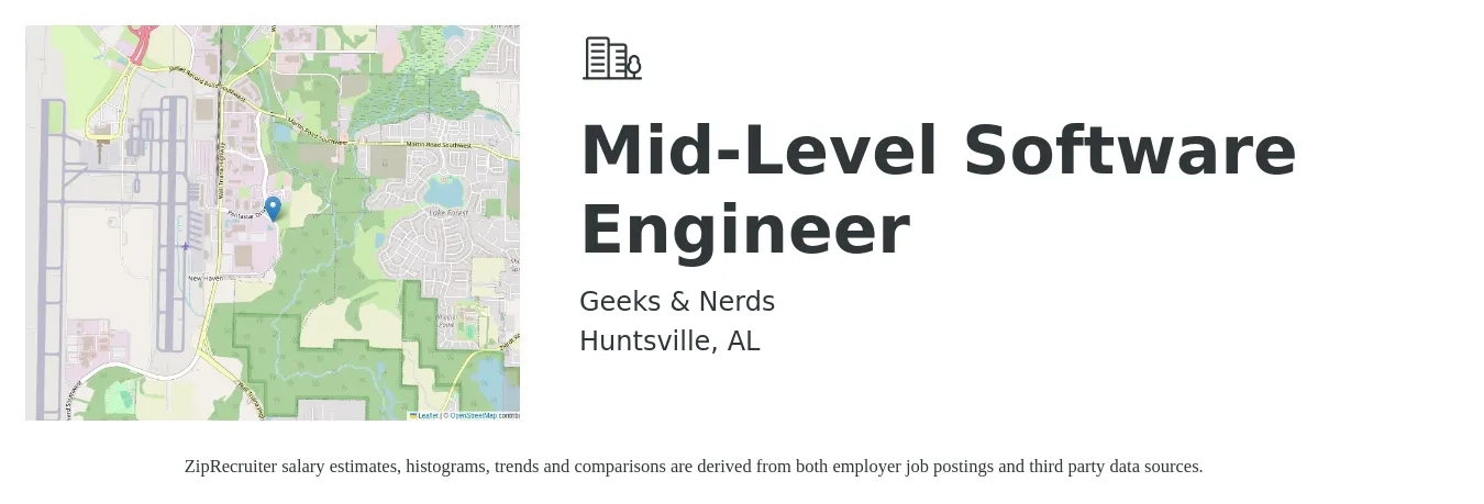 Geeks & Nerds job posting for a Mid-Level Software Engineer in Huntsville, AL with a salary of $110,200 to $158,900 Yearly with a map of Huntsville location.