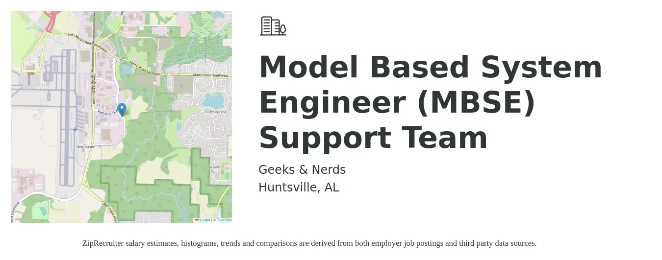 Geeks & Nerds job posting for a Model Based System Engineer (MBSE) Support Team in Huntsville, AL with a salary of $90,000 to $144,200 Yearly with a map of Huntsville location.