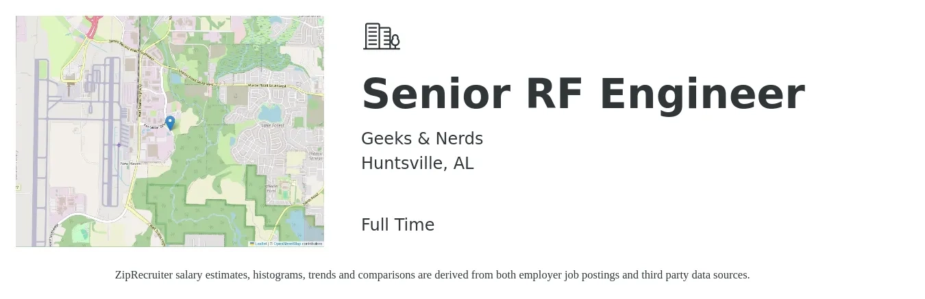Geeks & Nerds job posting for a Senior RF Engineer in Huntsville, AL with a salary of $96,000 to $131,800 Yearly with a map of Huntsville location.