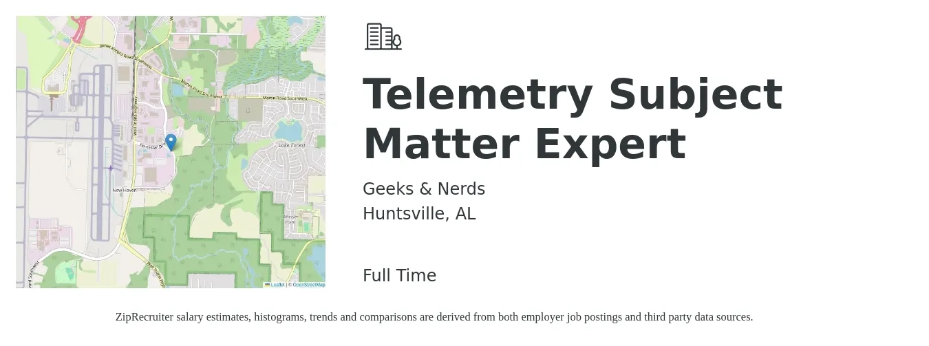 Geeks & Nerds job posting for a Telemetry Subject Matter Expert in Huntsville, AL with a salary of $16 to $24 Hourly with a map of Huntsville location.