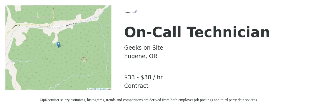 Geeks on Site job posting for a On-Call Technician in Eugene, OR with a salary of $35 to $40 Hourly with a map of Eugene location.