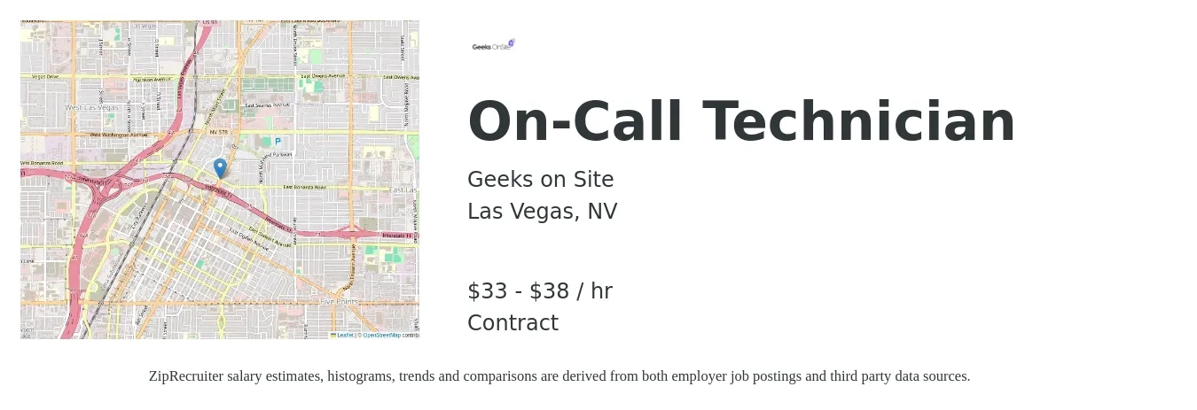 Geeks on Site job posting for a On-Call Technician in Las Vegas, NV with a salary of $35 to $40 Hourly with a map of Las Vegas location.