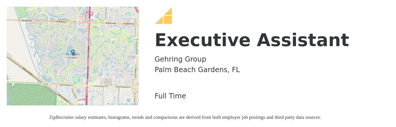 Gehring Group job posting for a Executive Assistant in Palm Beach Gardens, FL with a salary of $47,300 to $71,000 Yearly with a map of Palm Beach Gardens location.