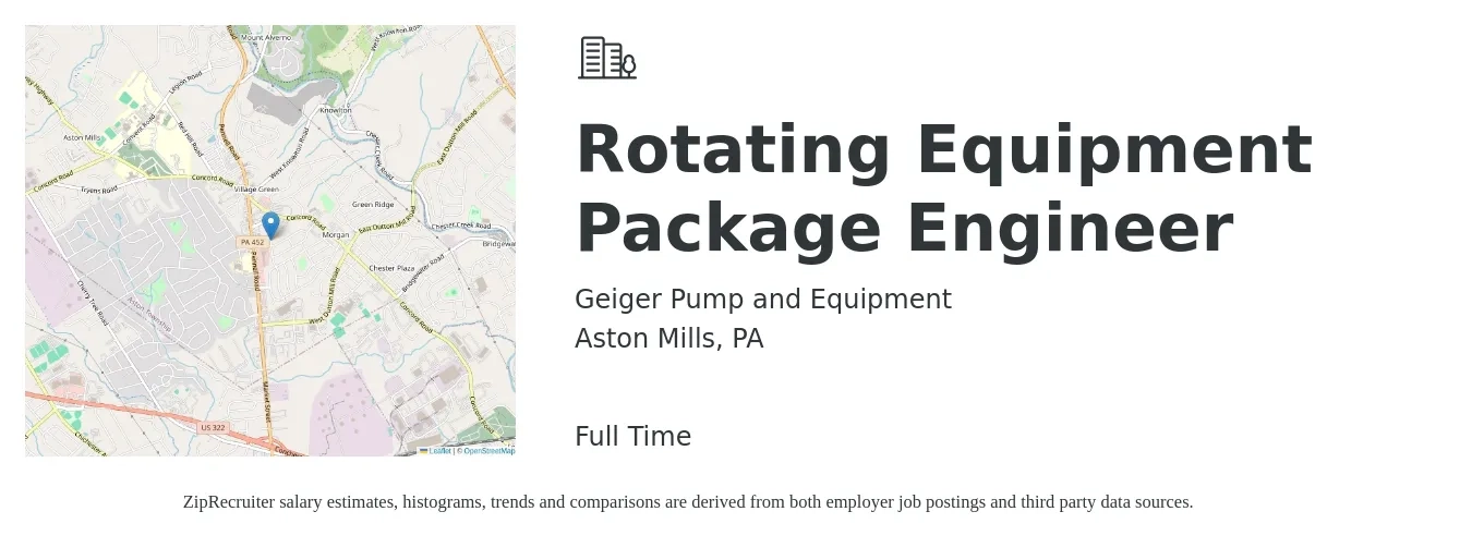 Geiger Pump and Equipment job posting for a Rotating Equipment Package Engineer in Aston Mills, PA with a salary of $32 to $48 Hourly with a map of Aston Mills location.