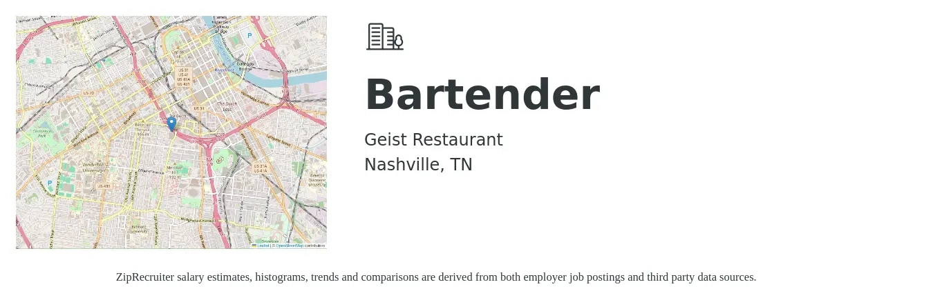 Geist Restaurant job posting for a Bartender in Nashville, TN with a salary of $10 to $18 Hourly with a map of Nashville location.