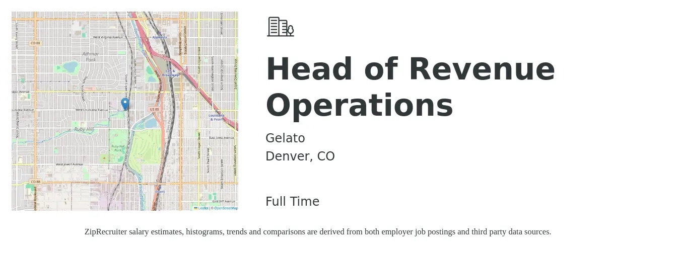 Gelato job posting for a Head of Revenue Operations in Denver, CO with a salary of $97,300 to $144,100 Yearly with a map of Denver location.