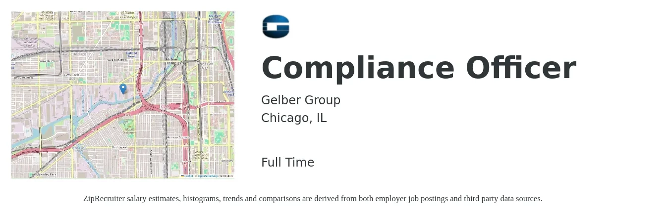 Gelber Group job posting for a Compliance Officer in Chicago, IL with a salary of $63,400 to $118,500 Yearly with a map of Chicago location.