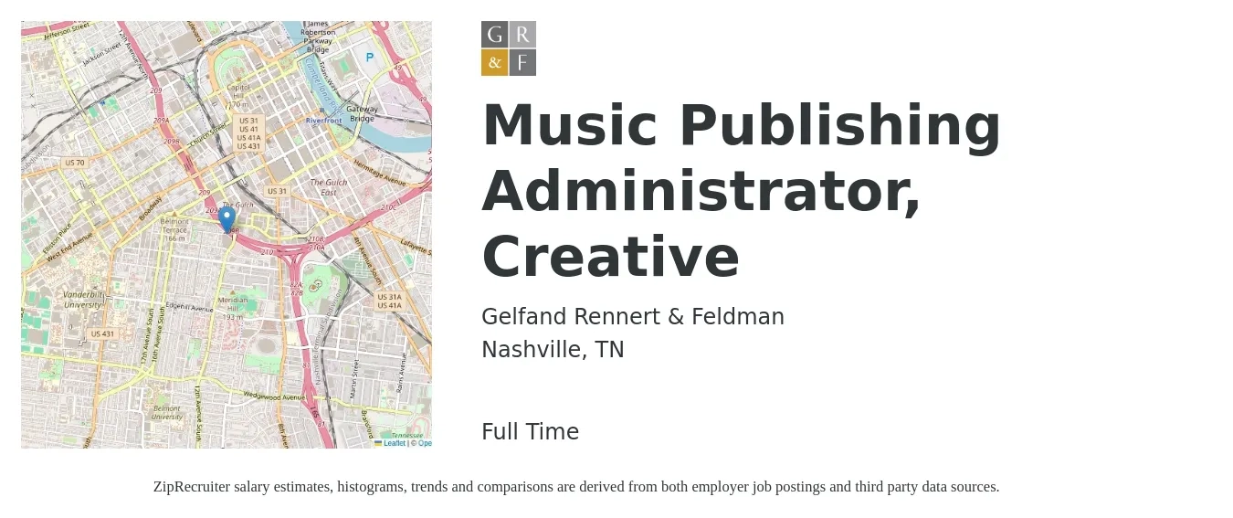 Gelfand Rennert & Feldman job posting for a Music Publishing Administrator, Creative in Nashville, TN with a salary of $18 to $24 Hourly with a map of Nashville location.