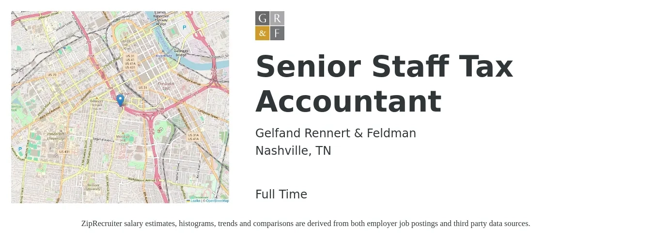 Gelfand Rennert & Feldman job posting for a Senior Staff Tax Accountant in Nashville, TN with a salary of $72,010 to $95,025 Yearly with a map of Nashville location.