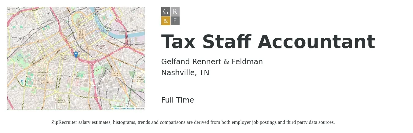 Gelfand Rennert & Feldman job posting for a Tax Staff Accountant in Nashville, TN with a salary of $72,010 to $95,025 Yearly with a map of Nashville location.