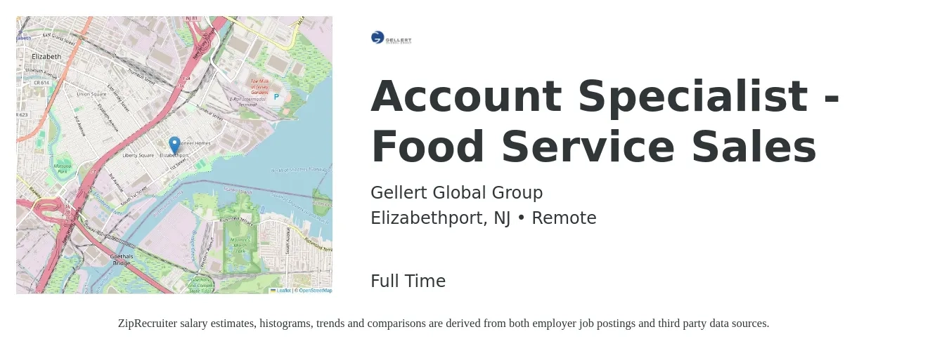 Gellert Global Group job posting for a Account Specialist - Food Service Sales in Elizabethport, NJ with a salary of $19 to $26 Hourly with a map of Elizabethport location.