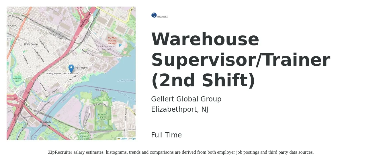 Gellert Global Group job posting for a Warehouse Supervisor/Trainer (2nd Shift) in Elizabethport, NJ with a salary of $19 to $22 Hourly with a map of Elizabethport location.