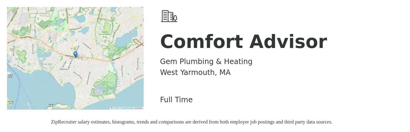 Gem Plumbing & Heating job posting for a Comfort Advisor in West Yarmouth, MA with a salary of $62,000 to $102,200 Yearly with a map of West Yarmouth location.