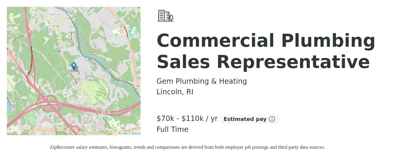 Gem Plumbing & Heating job posting for a Commercial Plumbing Sales Representative in Lincoln, RI with a salary of $70,000 to $110,000 Yearly with a map of Lincoln location.