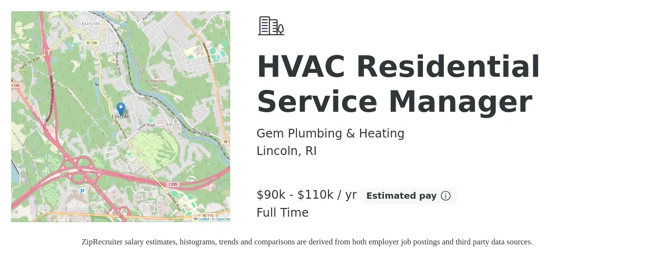 Gem Plumbing & Heating job posting for a HVAC Residential Service Manager in Lincoln, RI with a salary of $90,000 to $110,000 Yearly with a map of Lincoln location.