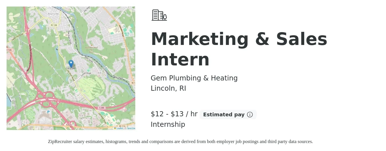 Gem Plumbing & Heating job posting for a Marketing & Sales Intern in Lincoln, RI with a salary of $13 to $14 Hourly with a map of Lincoln location.