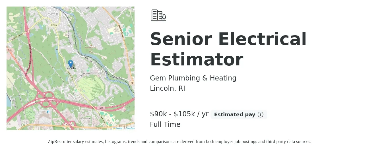 Gem Plumbing & Heating job posting for a Senior Electrical Estimator in Lincoln, RI with a salary of $90,000 to $105,000 Yearly with a map of Lincoln location.