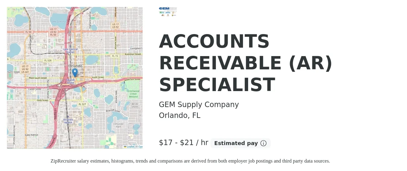 GEM Supply Company job posting for a ACCOUNTS RECEIVABLE (AR) SPECIALIST in Orlando, FL with a salary of $18 to $22 Hourly with a map of Orlando location.