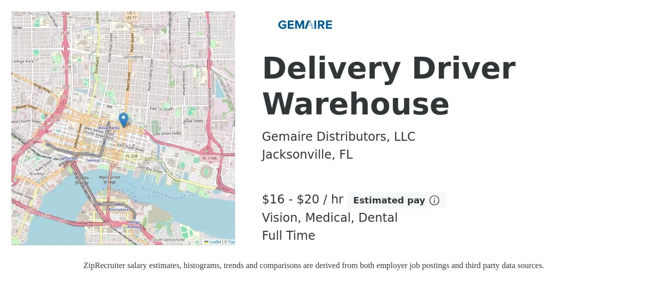 Gemaire Distributors, LLC job posting for a Delivery Driver Warehouse in Jacksonville, FL with a salary of $17 to $21 Hourly and benefits including life_insurance, medical, pto, retirement, vision, and dental with a map of Jacksonville location.