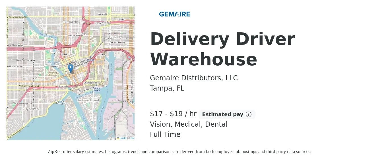 Gemaire Distributors, LLC job posting for a Delivery Driver Warehouse in Tampa, FL with a salary of $18 to $20 Hourly and benefits including dental, life_insurance, medical, retirement, and vision with a map of Tampa location.