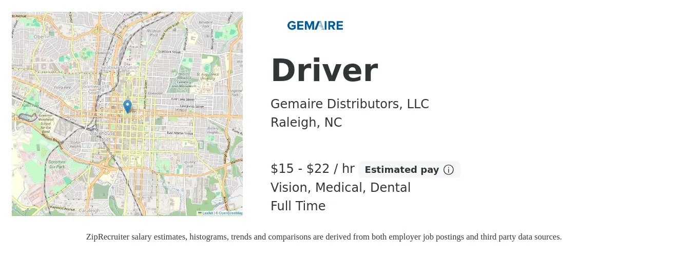 Gemaire Distributors, LLC job posting for a Driver in Raleigh, NC with a salary of $16 to $23 Hourly and benefits including vision, dental, life_insurance, medical, and retirement with a map of Raleigh location.