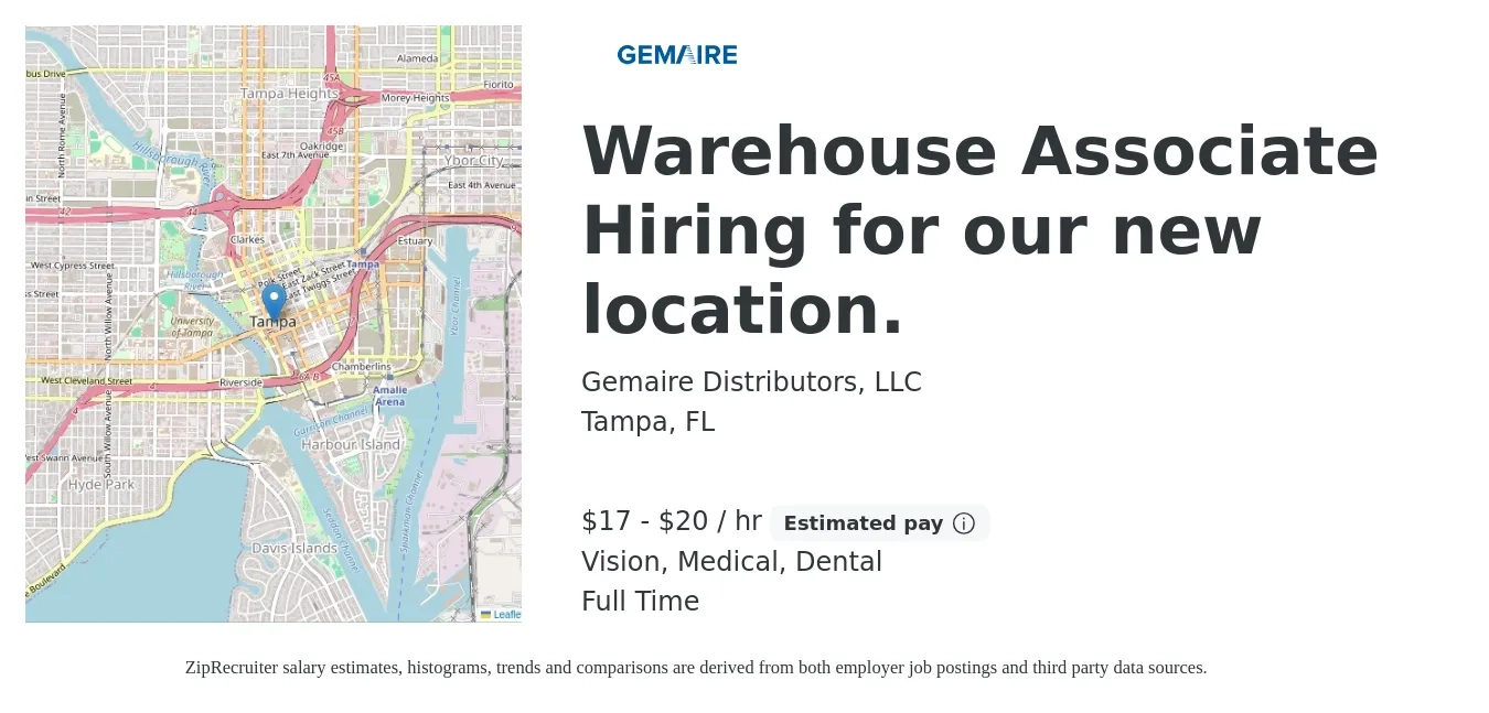Gemaire Distributors, LLC job posting for a Warehouse Associate Hiring for our new location. in Tampa, FL with a salary of $18 to $21 Hourly and benefits including dental, life_insurance, medical, retirement, and vision with a map of Tampa location.