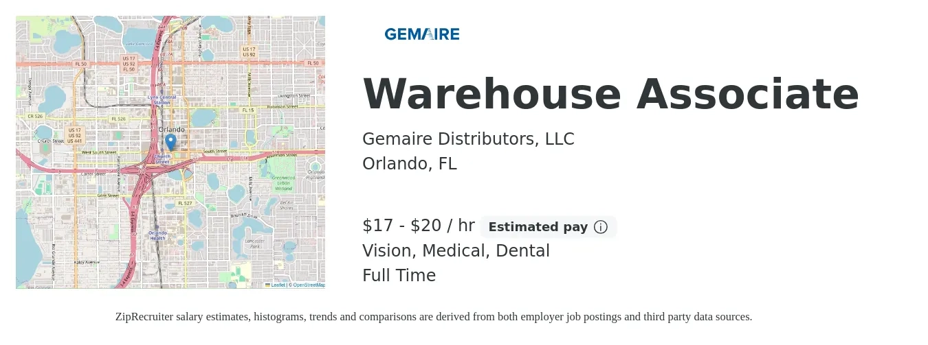 Gemaire Distributors, LLC job posting for a Warehouse Associate in Orlando, FL with a salary of $18 to $21 Hourly and benefits including pto, retirement, vision, dental, life_insurance, and medical with a map of Orlando location.