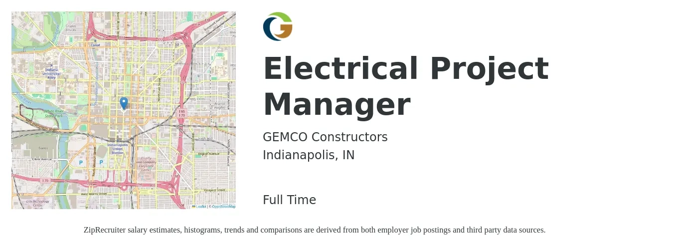 GEMCO Constructors job posting for a Electrical Project Manager in Indianapolis, IN with a salary of $81,700 to $116,100 Yearly with a map of Indianapolis location.