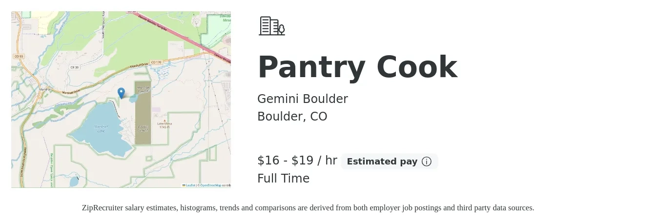 Gemini Boulder job posting for a Pantry Cook in Boulder, CO with a salary of $17 to $20 Hourly with a map of Boulder location.