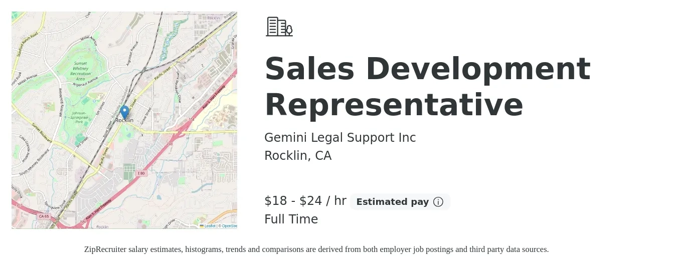 Gemini Legal Support Inc job posting for a Sales Development Representative in Rocklin, CA with a salary of $19 to $25 Hourly with a map of Rocklin location.