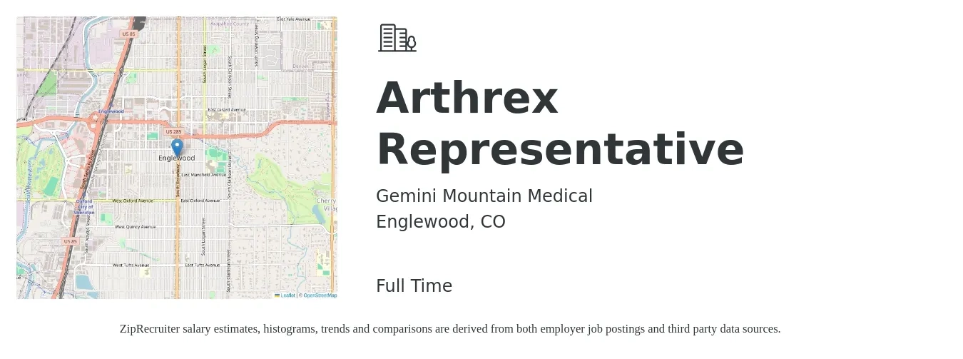 Gemini Mountain Medical job posting for a Arthrex Representative in Englewood, CO with a salary of $54,300 Yearly with a map of Englewood location.