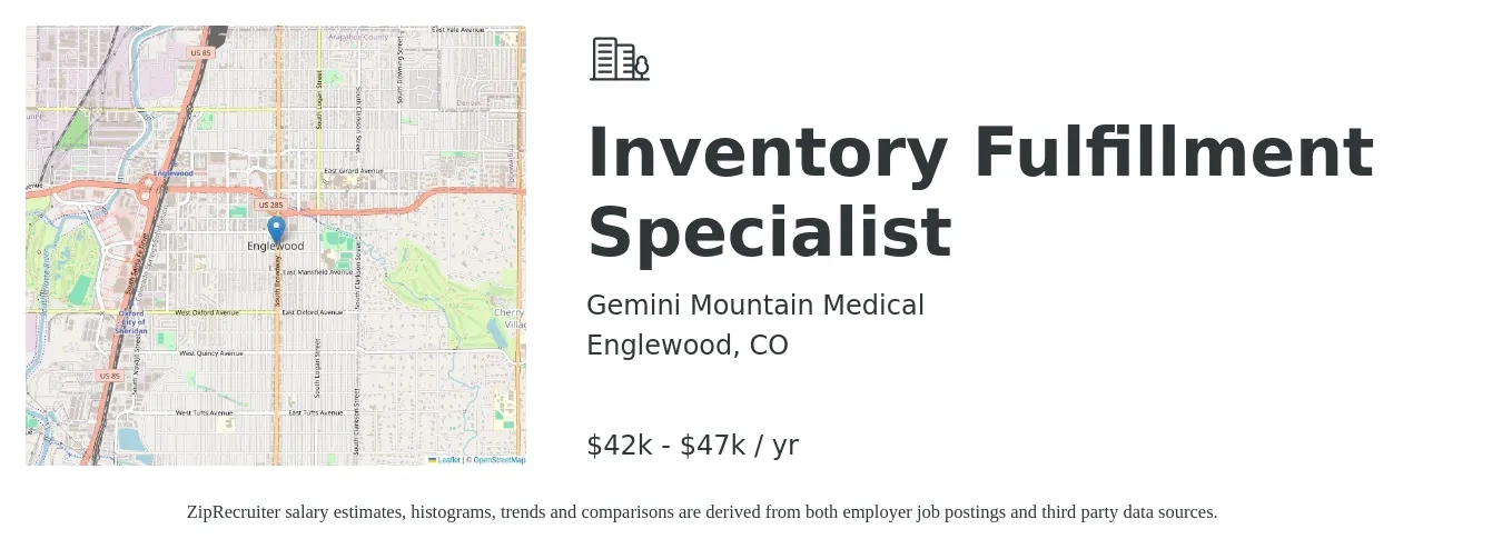 Gemini Mountain Medical job posting for a Inventory Fulfillment Specialist in Englewood, CO with a salary of $42,000 to $47,000 Yearly with a map of Englewood location.