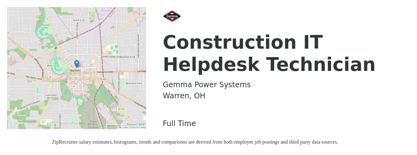 Gemma Power Systems job posting for a Construction IT Helpdesk Technician in Warren, OH with a salary of $17 to $24 Hourly with a map of Warren location.